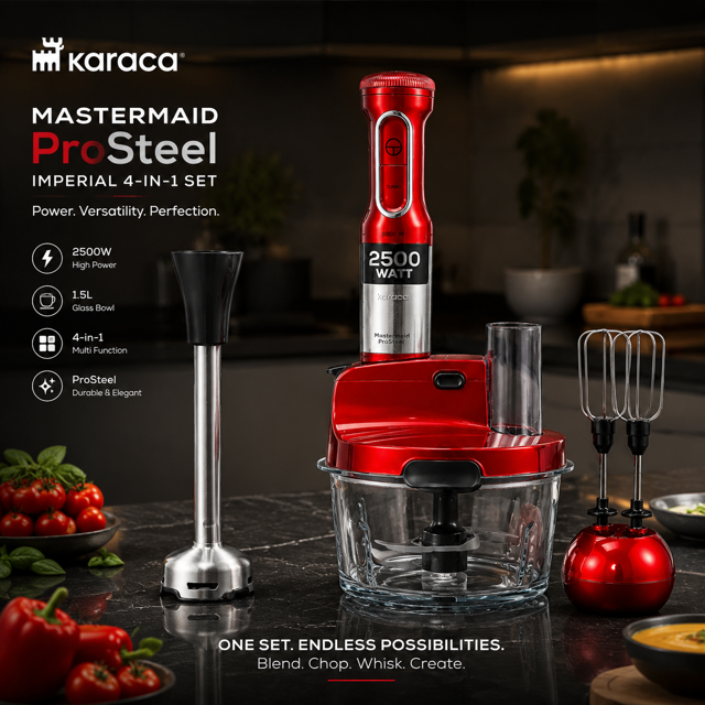 غذاساز 4 کاره کاراجا مدل Mastermaid ProSteel Imperial با توان 2500 وات و مخزن شیشه‌ای